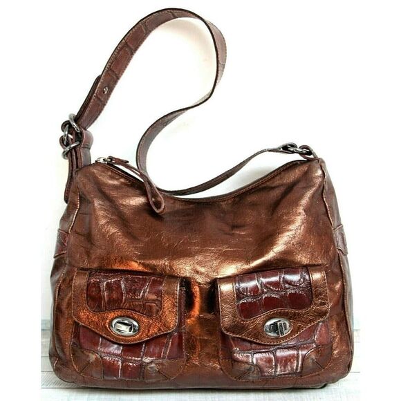 NUOVEDIVE Italy BRONZE CROCO BROWN GENUINE LEATHER ZIP TOP SHOULDER BAG HANDBAG - Picture 1 of 12